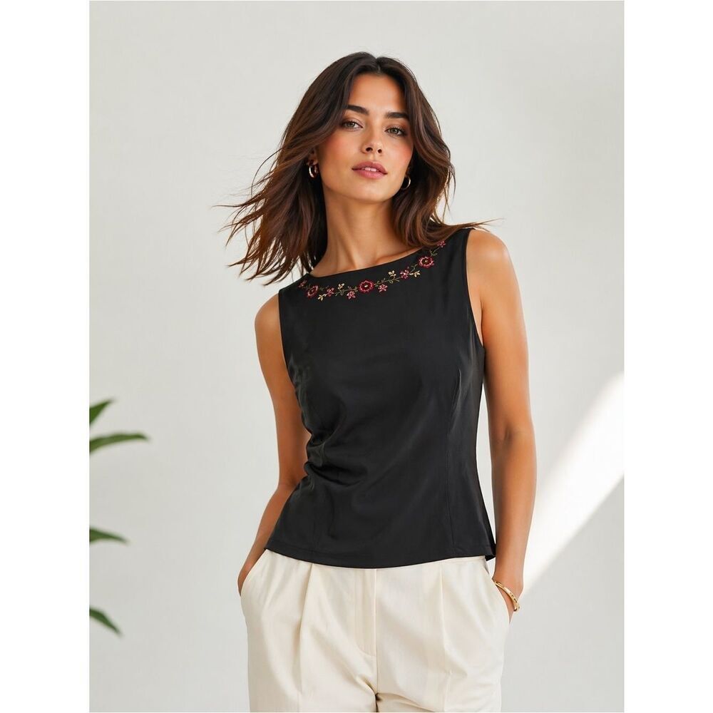 Talbots Black Floral Embroidered Tank Top